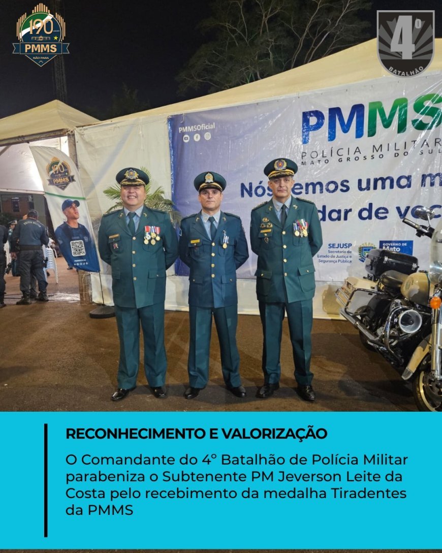 POLICIAL DO 4° BPM É AGRACIADO COM A MEDALHA TIRADENTES DA PMMS