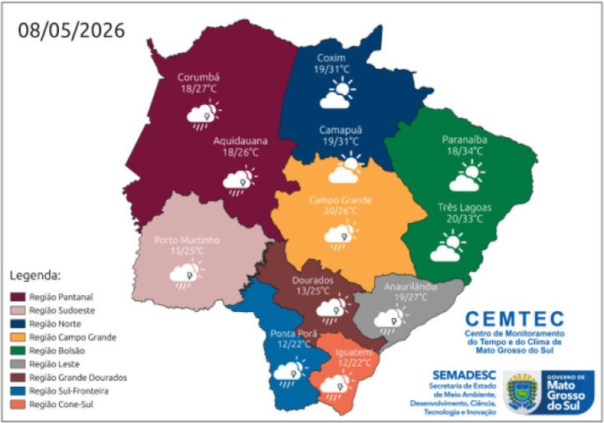 Frente fria avança e pode provocar temporais com granizo em Mato Grosso do Sul nesta sexta-feira