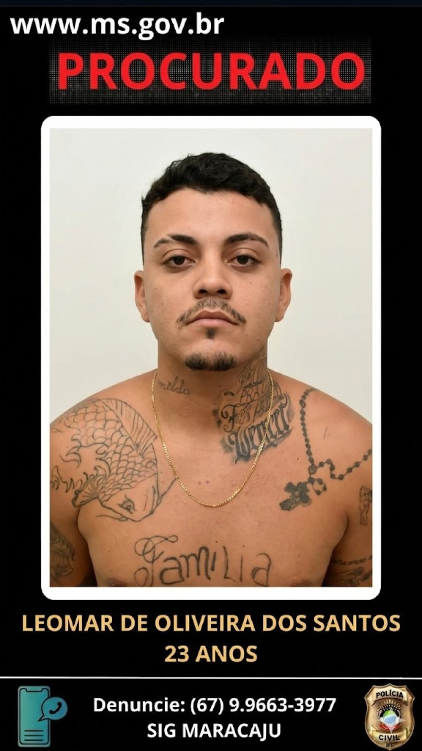 Polícia Civil de Maracaju solicita auxílio para localizar foragido por Homicídio Qualificado